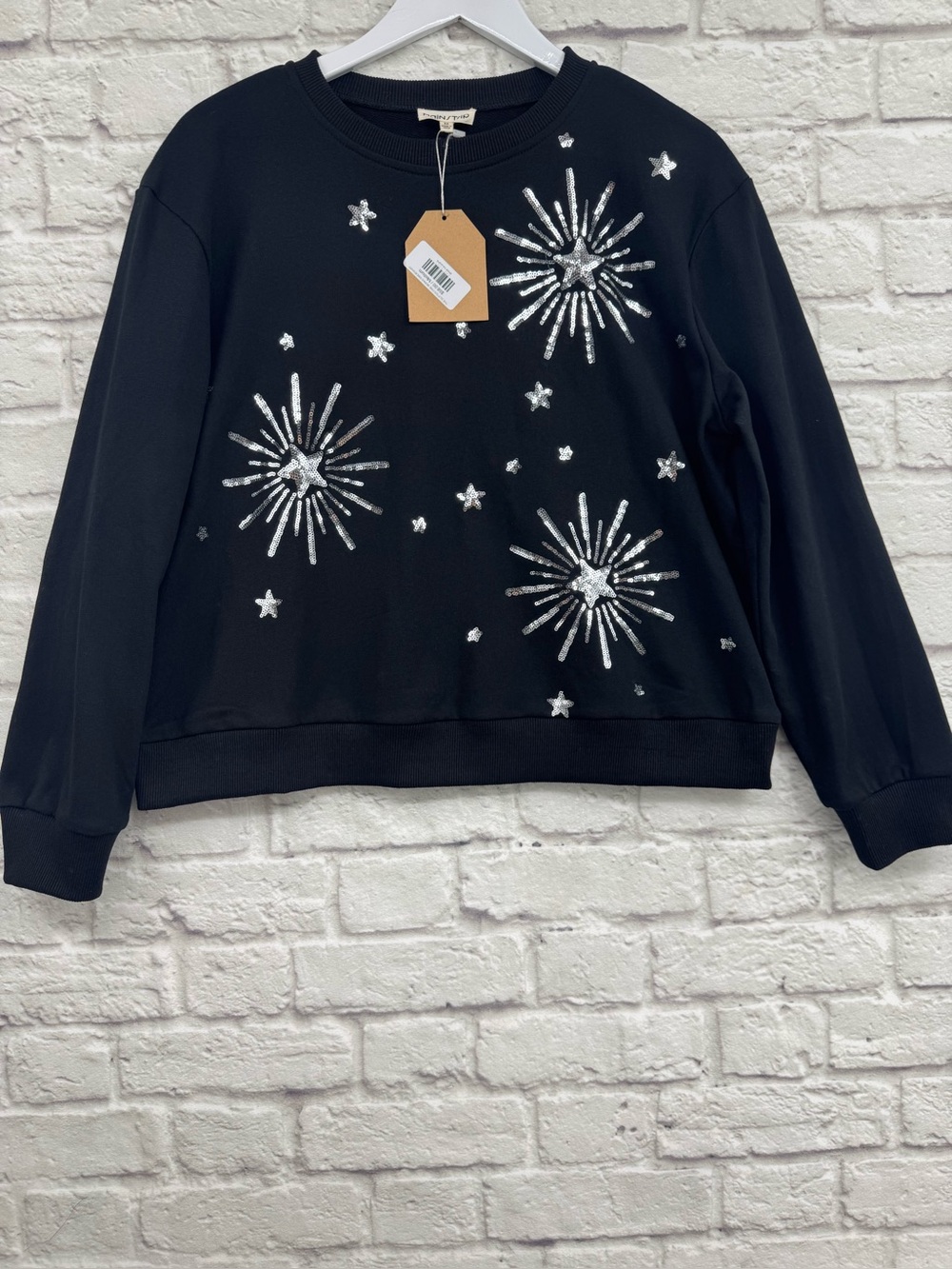 Main Strip Sequin Starburst Sweatshirt Medium Black Silver Sparkle Y2K Glam